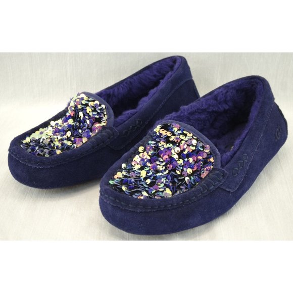 EUC UGG Ansley Stellar Sequin Suede Slip-on Slippers | Moccasin, Navy, Sz. 6 - Picture 2 of 8